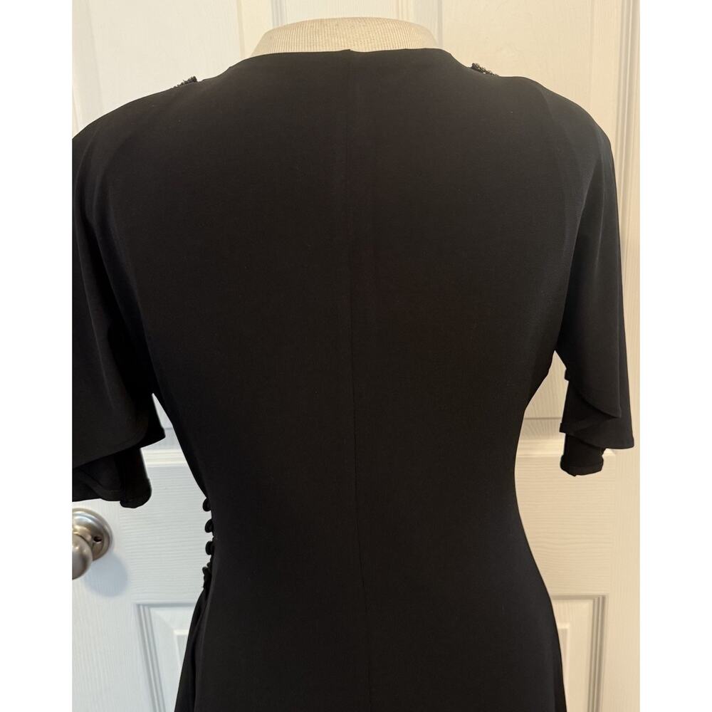 J Peterman Cocktail Dress LBD Sz 6 Black Ruched Rhinestones Ruffle Button Detail - Picture 8 of 16